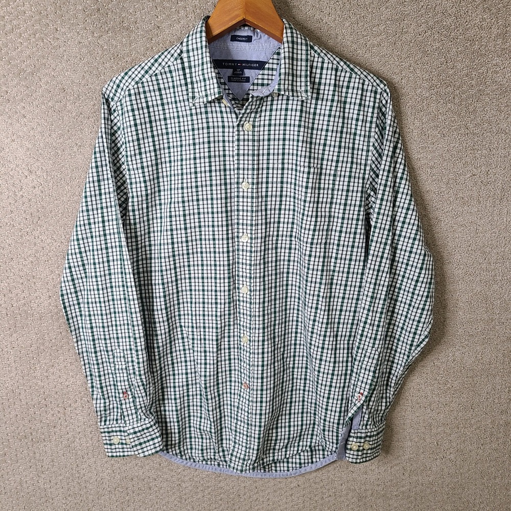 Tommy Hilfiger Shirt Men Small Green Plaid Classic Fit Button Down Cotton Casual